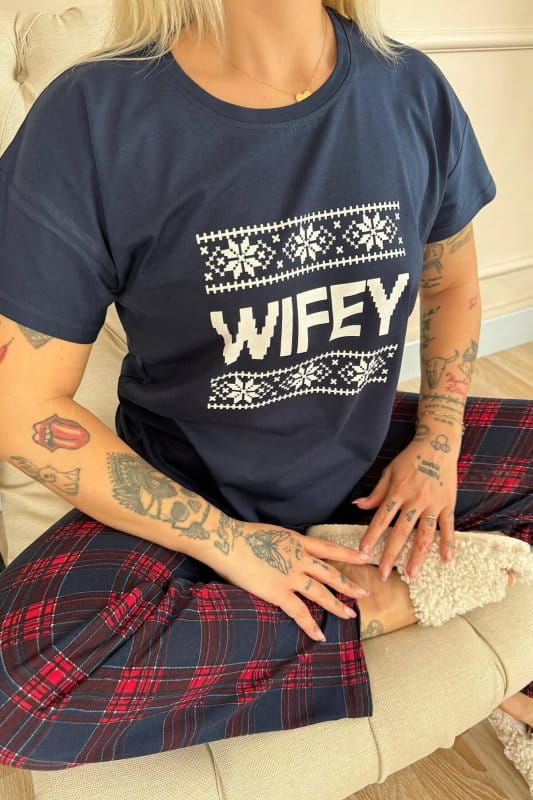 Lacivert Wifey Kısa Kol Sevgili Aile Pijaması - Kadın Takımı