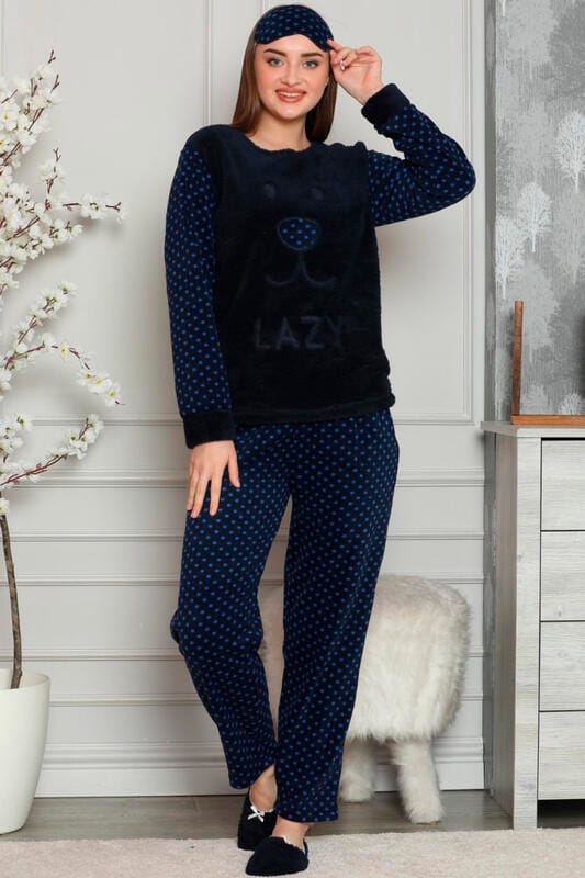 Lacivert Lazy Desenli Kadın Peluş Pijama Takımı