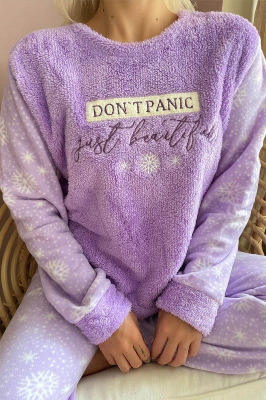 Lila Dont Panic Desenli Kadın Peluş Pijama Takımı