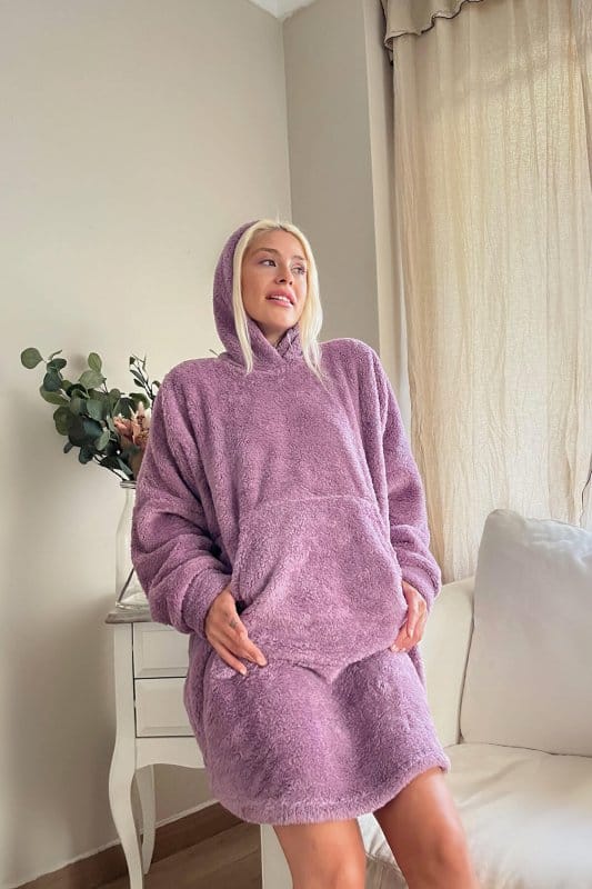 Lila Kapşonlu Tam Peluş Oversize Sweat Panço Pijama