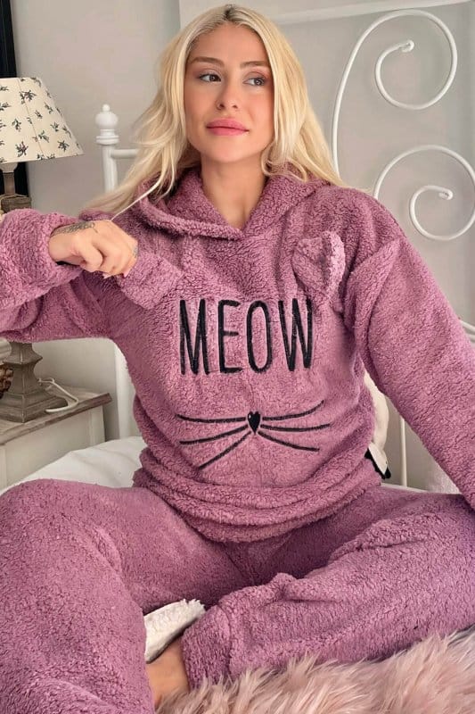 Lila Meow Desenli Tam Peluş Pijama Takımı