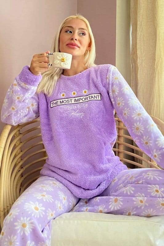 Lila Most Thing Desenli Kadın Peluş Pijama Takımı