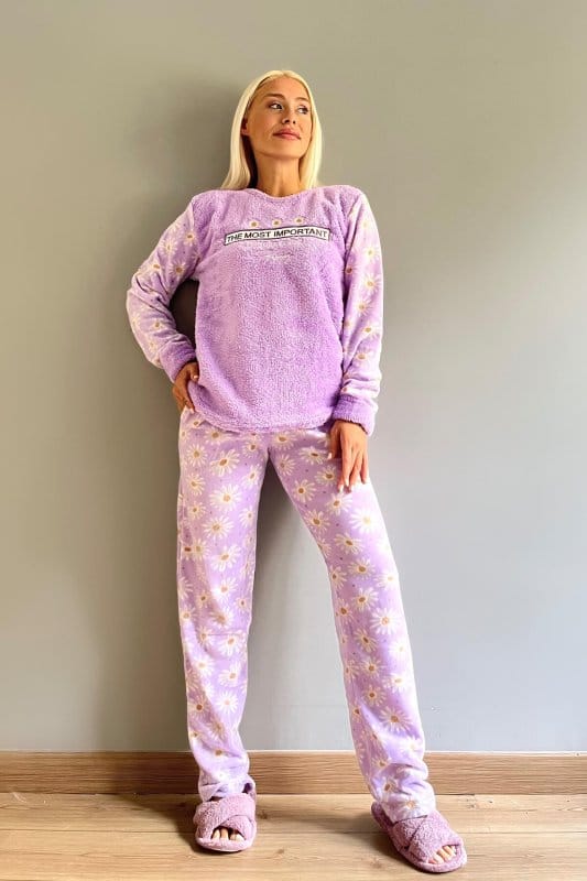 Lila Most Thing Desenli Kadın Peluş Pijama Takımı