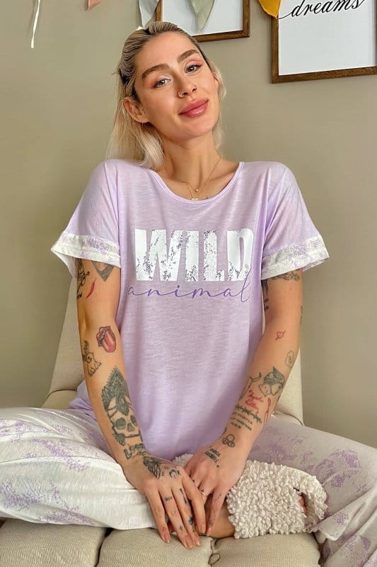 Lila Wild Baskılı Örme Kısa Kollu Kadın Pijama Takımı