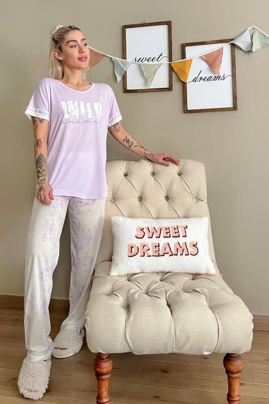 Lila Wild Baskılı Örme Kısa Kollu Kadın Pijama Takımı