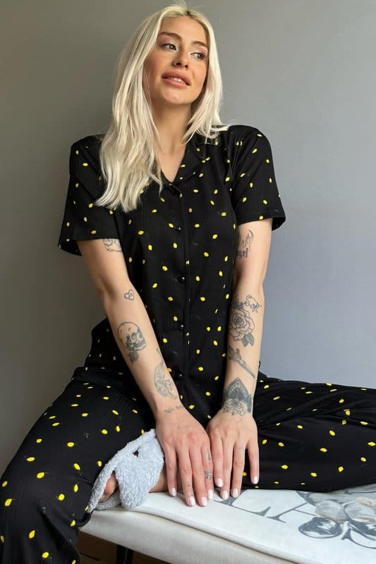 Limon Desenli Örme Önden Düğmeli Kısa Kol Kadın Pijama Takımı