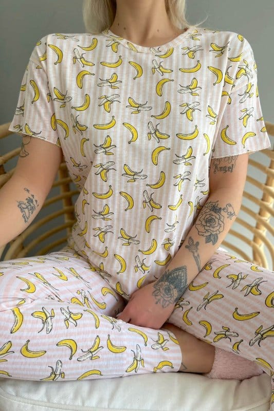 Lokale Banane Baskılı Kısa Kollu Kadın Pijama Takımı