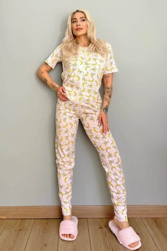 Lokale Banane Baskılı Kısa Kollu Kadın Pijama Takımı