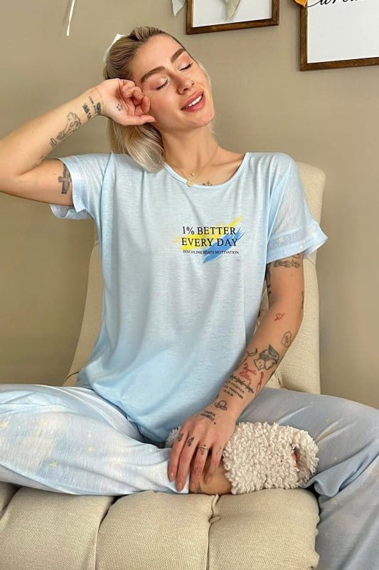 Mavi Better Baskılı Örme Kısa Kollu Kadın Pijama Takımı