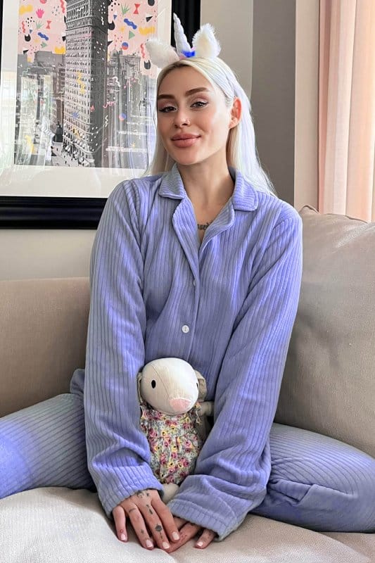 Mavi Düz Önden Düğmeli Peluş Polar Pijama Takımı