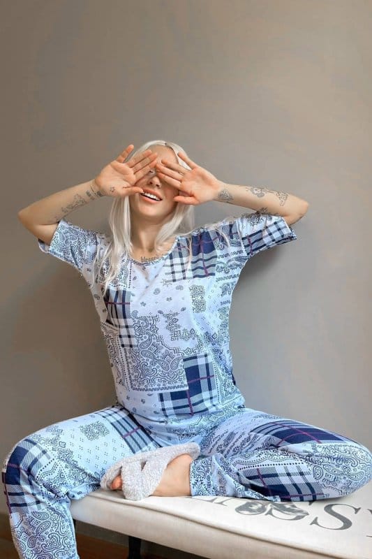 Mavi Ekose Etnik Baskılı Kısa Kollu Kadın Pijama Takımı