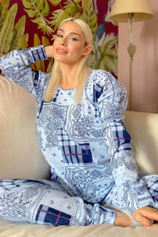 Mavi Etnico Ursa Baskılı Uzun Kol Kadın Pijama Takımı