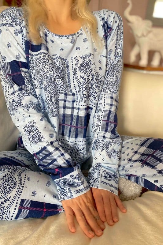Mavi Etnico Ursa Baskılı Uzun Kol Kadın Pijama Takımı
