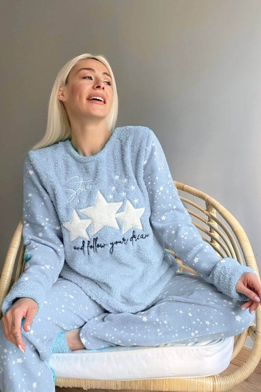 Mavi Feel Stars Queen Desenli Kadın Peluş Pijama Takımı