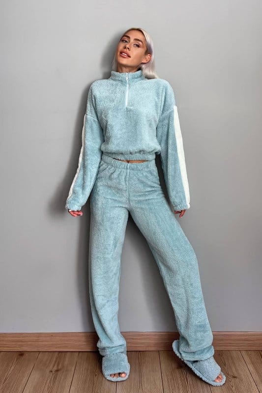 Mavi Fermuar Detaylı Crop Tam Peluş Pijama Takımı