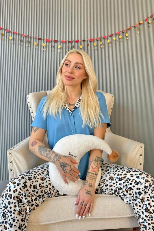 Mavi Florado Exclusive Önden Düğmeli Kısa Kollu Kadın Pijama Takımı