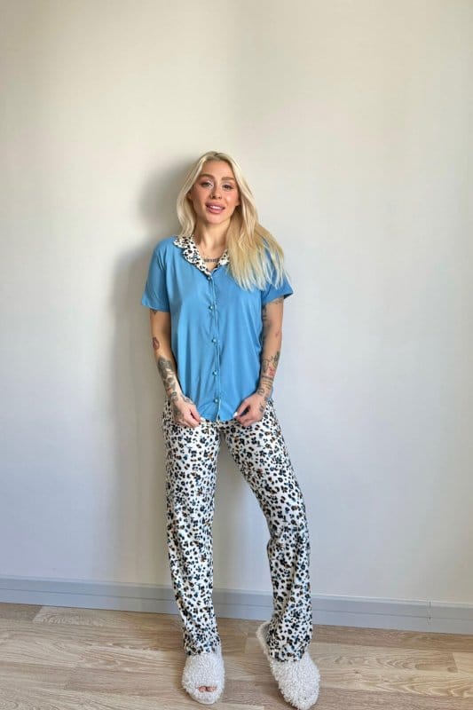 Mavi Florado Exclusive Önden Düğmeli Kısa Kollu Kadın Pijama Takımı
