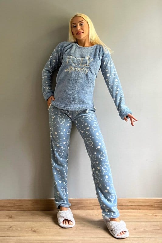 Mavi Fly Desenli Kadın Peluş Pijama Takımı