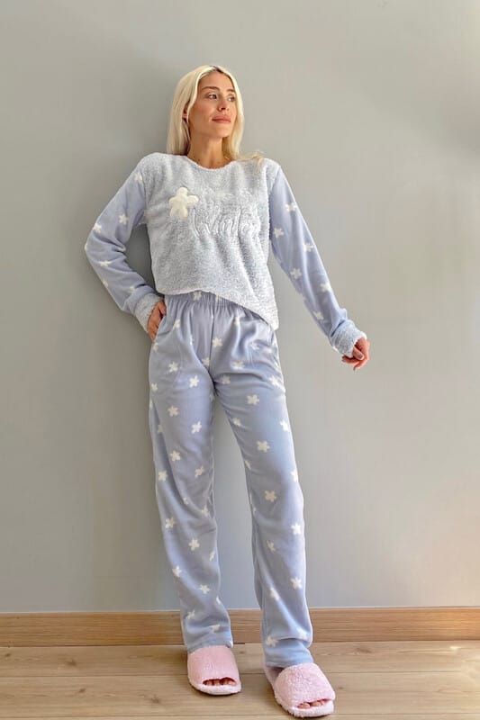 Mavi Hello Winter Desenli Kadın Peluş Pijama Takımı