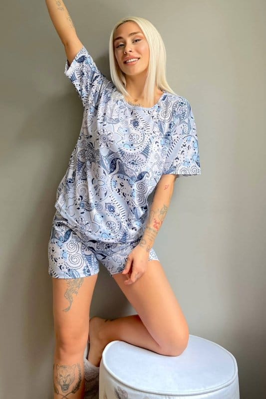 Mavi Klasik Etnik Baskılı Şortlu Kadın Pijama Takımı