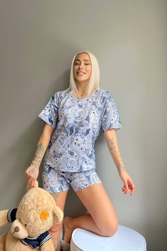 Mavi Klasik Etnik Baskılı Şortlu Kadın Pijama Takımı