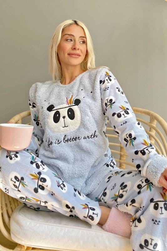 Mavi Life Panda Desenli Kadın Peluş Pijama Takımı