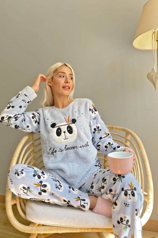 Mavi Life Panda Desenli Kadın Peluş Pijama Takımı