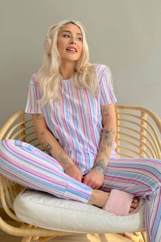 Mavi Linie Baskılı Kısa Kollu Kadın Pijama Takımı