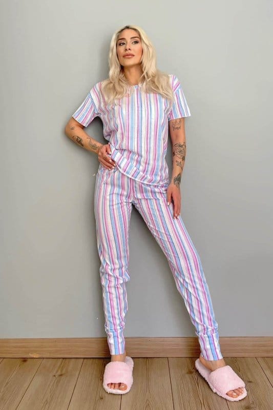Mavi Linie Baskılı Kısa Kollu Kadın Pijama Takımı