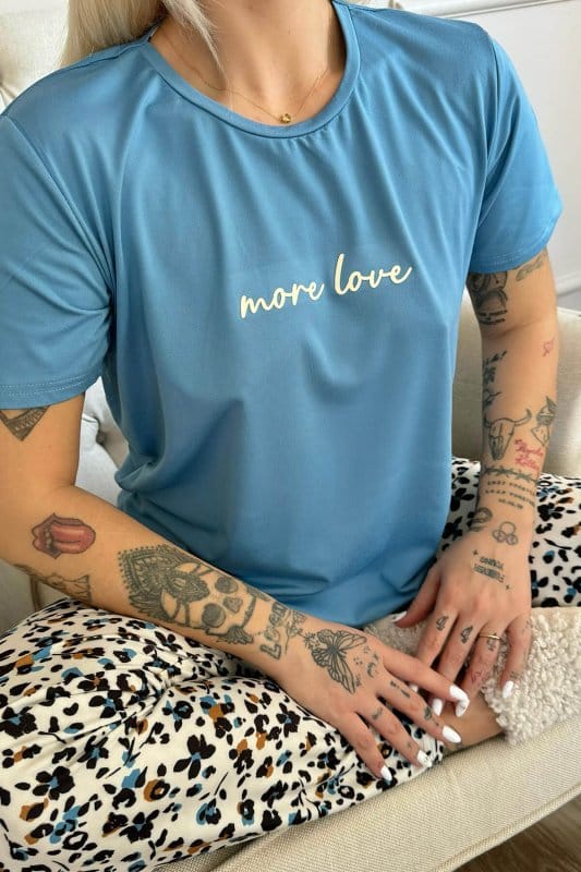 Mavi More Love Desenli Kısa Kollu Örme Kadın Pijama Takımı