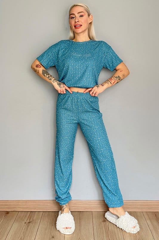 Mavi Style Desenli Örme Crop Kısa Kol Kadın Pijama Takımı