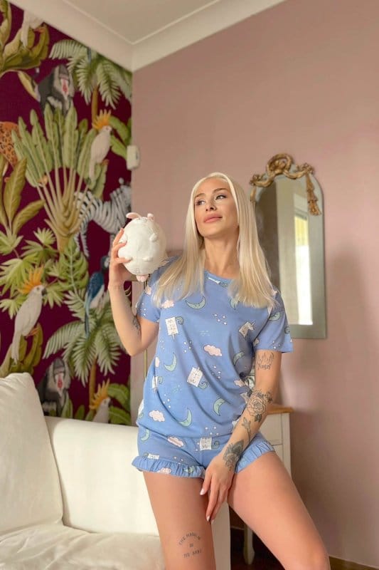 Mavi Unimoon Baskılı Şortlu Kadın Pijama Takımı