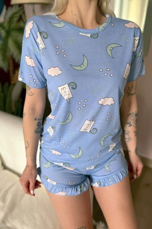 Mavi Unimoon Baskılı Şortlu Kadın Pijama Takımı