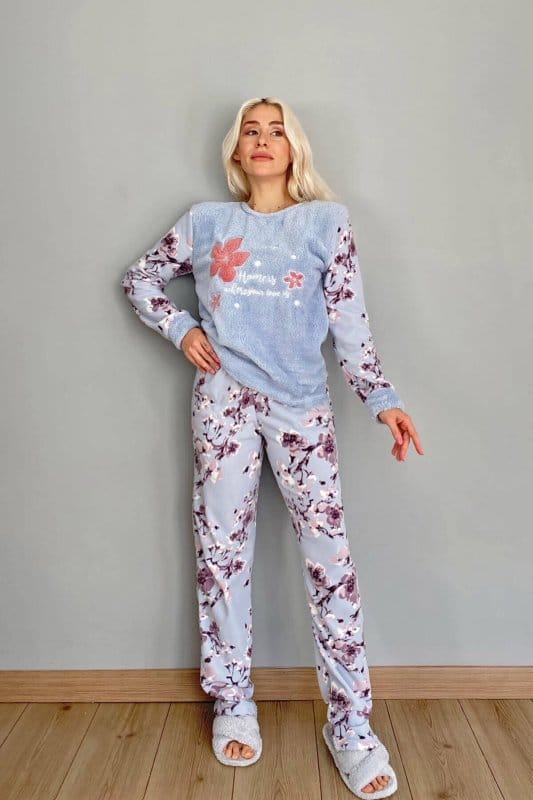 Mavi Yaprak Desenli Kadın Peluş Pijama Takımı