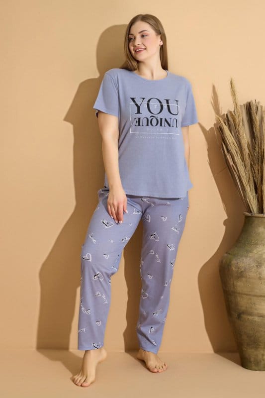 Mavi You Baskılı Kısa Kollu Büyük Beden Battal Pijama Takımı