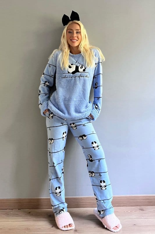 Mavi Zzz Wake Desenli Kadın Peluş Pijama Takımı