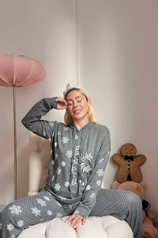 Melanj Yarım Tane Desenli Yumoş Örme Pijama Takımı