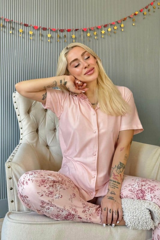 Mercan Florado Exclusive Önden Düğmeli Kısa Kollu Kadın Pijama Takımı