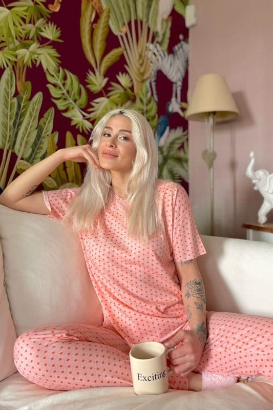 Mini Heart Baskılı Kısa Kollu Kadın Pijama Takımı