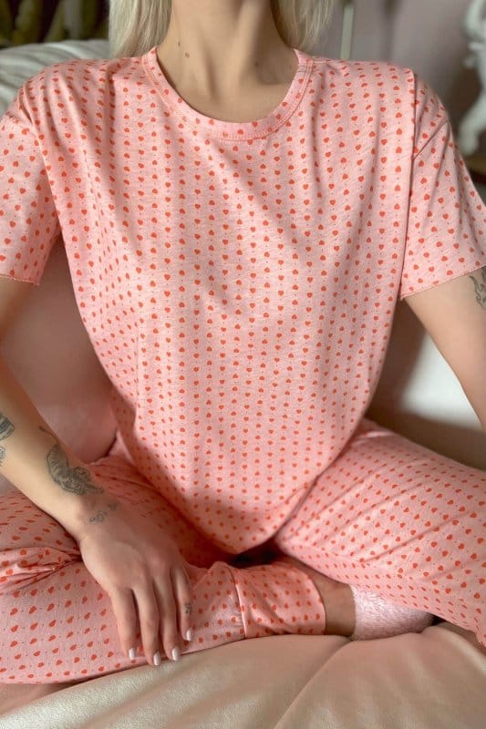 Mini Heart Baskılı Kısa Kollu Kadın Pijama Takımı