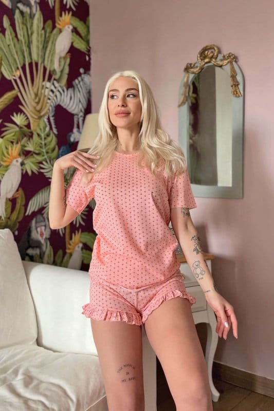 Mini Kalp Baskılı Şortlu Kadın Pijama Takımı