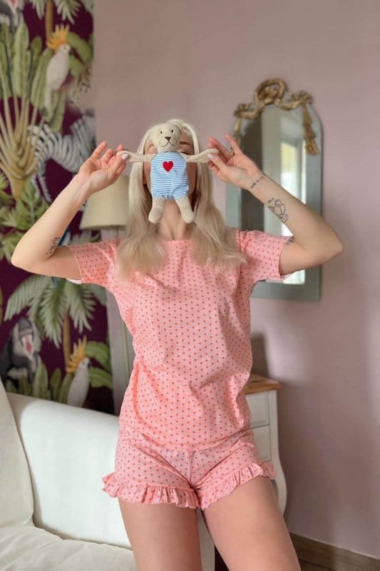 Mini Kalp Baskılı Şortlu Kadın Pijama Takımı
