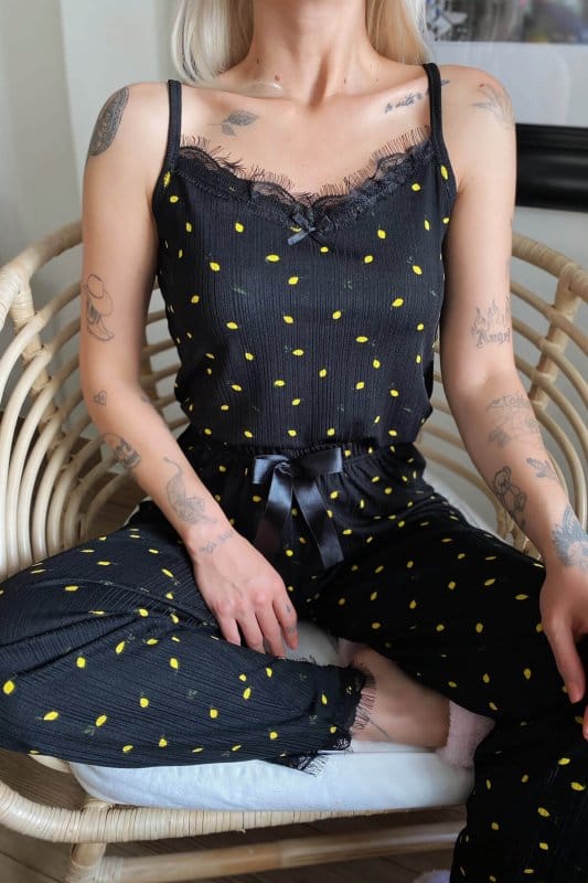 Mini Limon Dantelli İp Askılı Örme Kadın Pijama Takımı