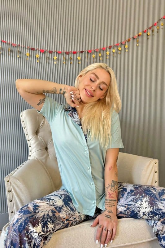 Mint Florado Exclusive Önden Düğmeli Kısa Kollu Kadın Pijama Takımı