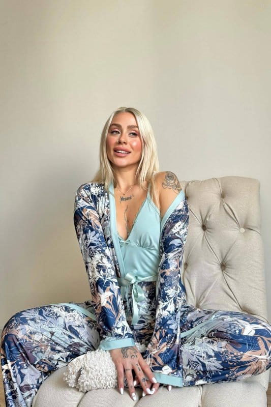 Mint Flore Exclusive Örme Sabahlıklı Kadın Pijama Takımı