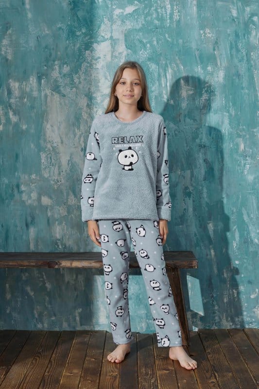 Mint Relax Panda Desenli Kız Çocuk Peluş Pijama Takım