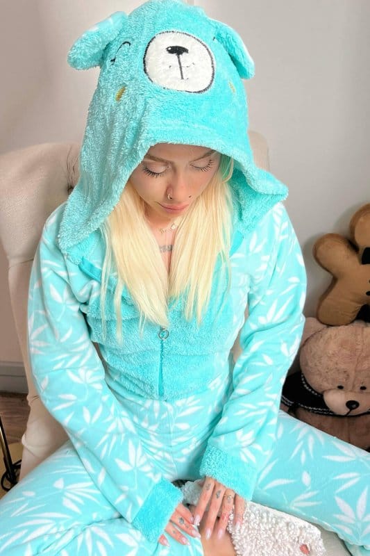 Mint Yeşili Digitate Desenli Kadın Polar Peluş Tulum Pijama