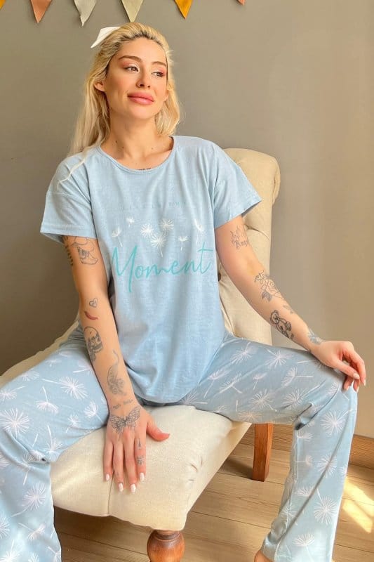 Mint Yeşili Moment Baskılı Kısa Kollu Kadın Pijama Takımı