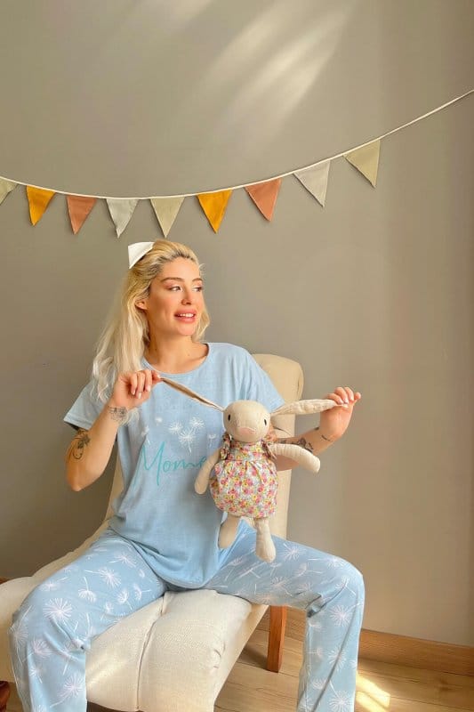 Mint Yeşili Moment Baskılı Kısa Kollu Kadın Pijama Takımı