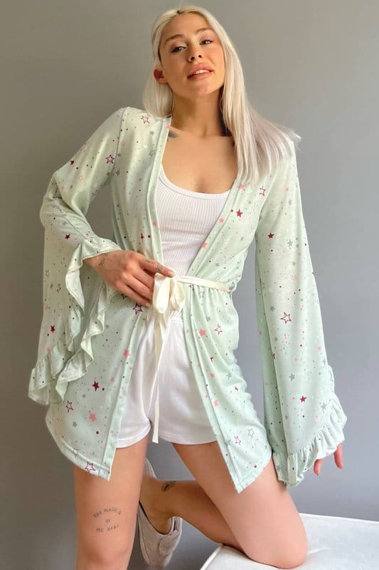 Mint Yeşili Yıldız Desenli Kadın Kimono Sabahlık